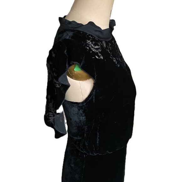 Vintage burnt velvet black midi frilly dress with flowy sleeves - Picture 4 of 16